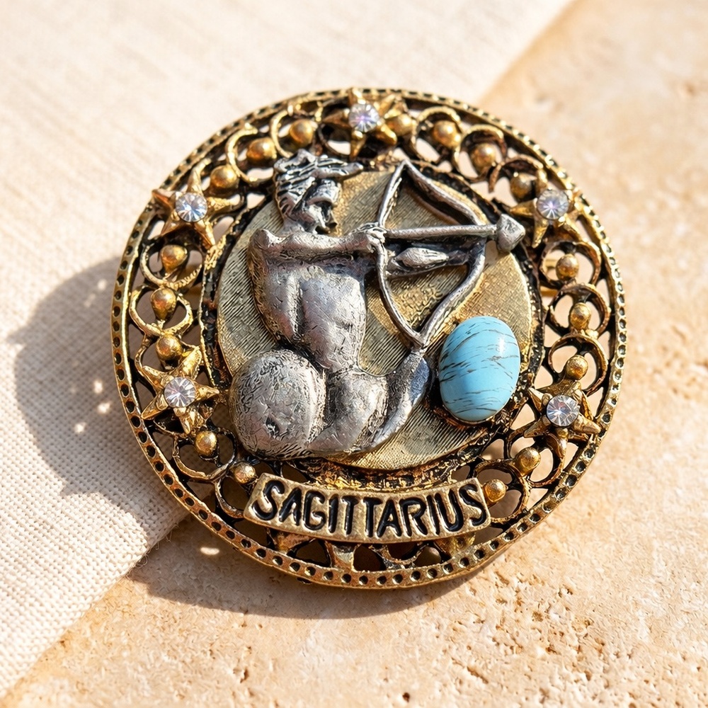 Vintage ART Sagittarius Zodiac Turquoise Broach Astrology Arthur Pepper 1.5” 15g